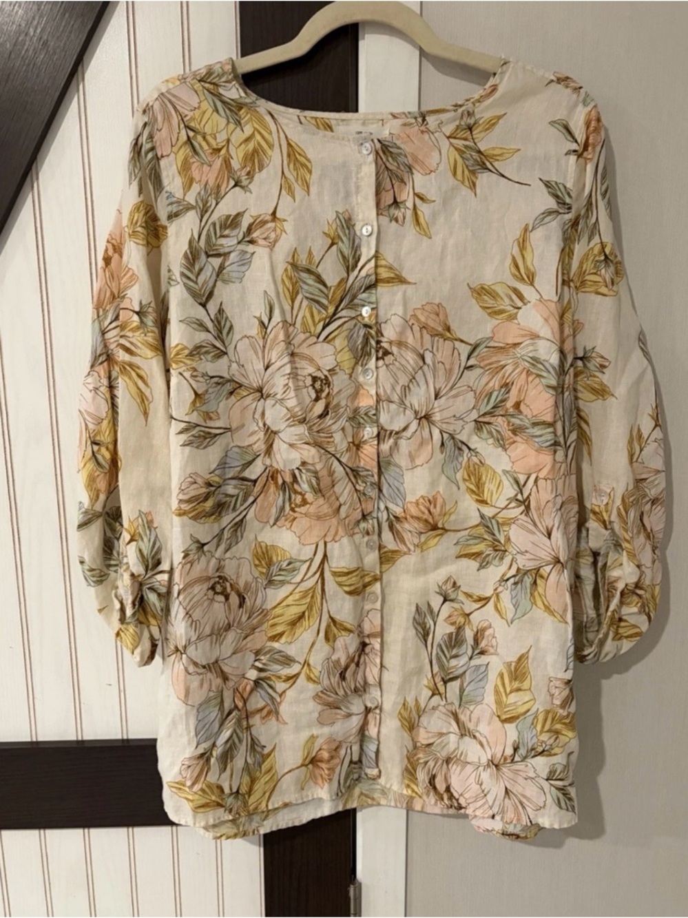 Nicole Miller Women Linen Floral Top Beige Button Sleeve Length Size 1X